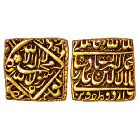 Akbar (1556-1605 AD), Gold Square Heavy Mohur, 12.13g, Urdu Zafar Qarin Mint, Alf (1000), 