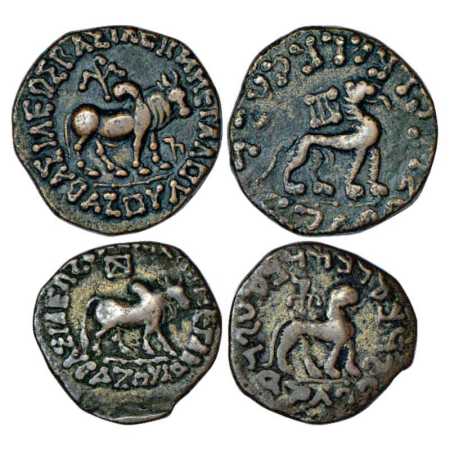 Indo-Scythians, Two Copper Coins (Hexa-chalkonand Tri-chalkon) of Azes (c. 56-30 BC) (a) M