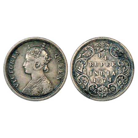 Victoria Queen, Silver ¼ Rupee, 1874, Bombay Mint, A/I/dot, PR 405. Very Fine, Scarce.