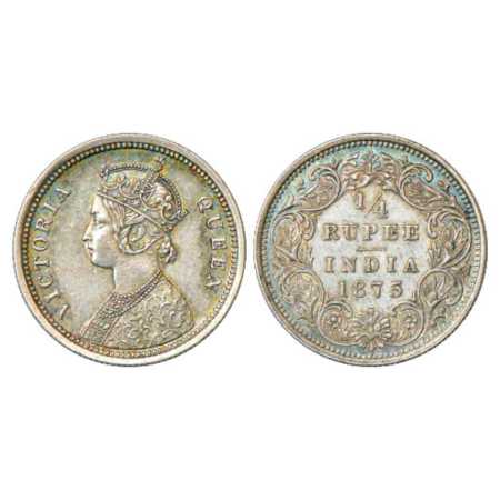 Victoria Queen, Silver ¼ Rupee, 1875, Bombay Mint, A/I/no mm, PR 406. Extremely Fine, Very