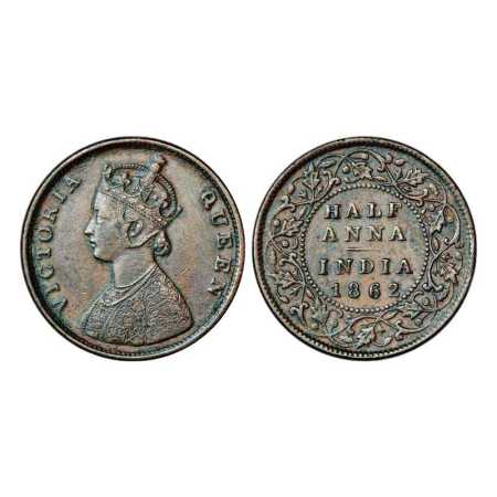 Victoria Queen, Copper ½ Anna, 1862, Madras Mint, PR 577. Very Fine+, Very Scarce.