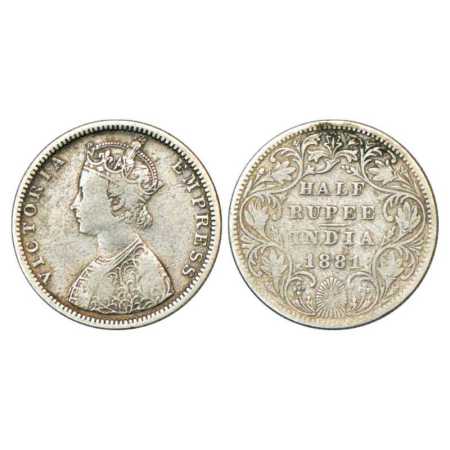 Victoria Empress, Silver ½ Rupee, 1881, Bombay Mint, B2/II/dot, PR 289. About Very Fine, R