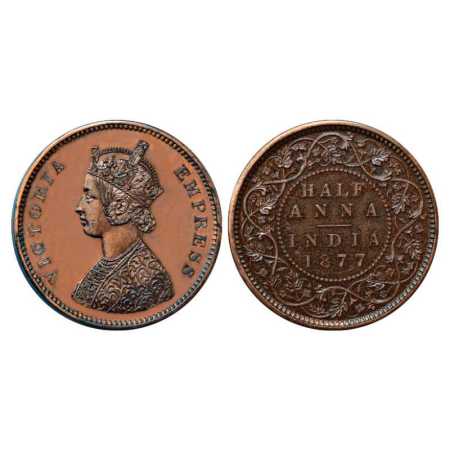 Victoria Empress, Copper Half Anna Proof, 12.85g, 31.01mm, plain edge, 1877, Bombay Mint, 