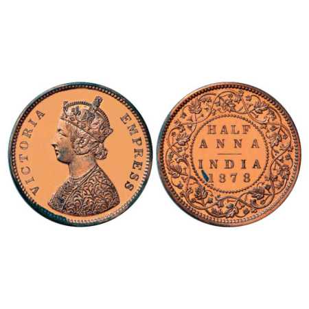 Victoria Empress, Copper Half Anna Proof, 12.86g, 30.93 mm, plain edge, 1878, Bombay Mint,