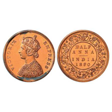 Victoria Empress, Copper Half Anna Proof, 12.82g, 31.03 mm, plain edge, 1890, Bombay Mint,