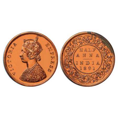 Victoria Empress, Copper Half Anna Proof, 13.04g, 31.05 mm, plain edge, 1891, Bombay Mint,