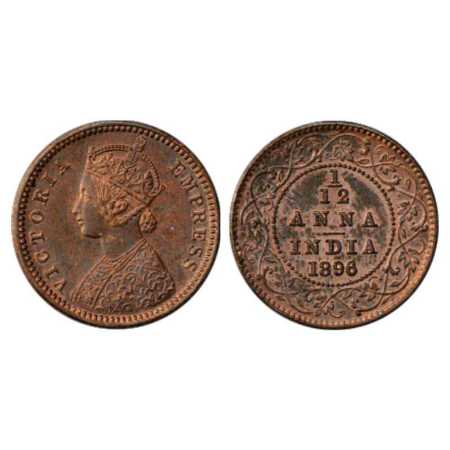 Victoria Empress, Copper Twelfth Anna Proof, plain edge, 1896, Calcutta Mint, no mm, Obv: 