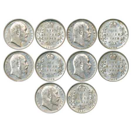 Edward VII, Silver Rupee (5), 1905, Calcutta Mint, PR 191 and 1903, 1904, 1906, 1907, Bomb