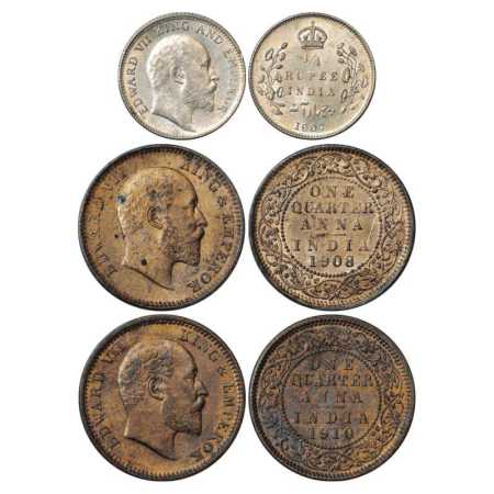 Edward VII, Silver and Copper Coins (3), Calcutta Mint, 1x ¼ Rupee, 1907, PR 436 and 2x ¼ 