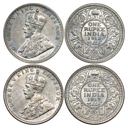 George V, Silver Rupee (2), 1912 and 1913, Bombay Mint, PR 218 and 219. (2 Coins) Brillian