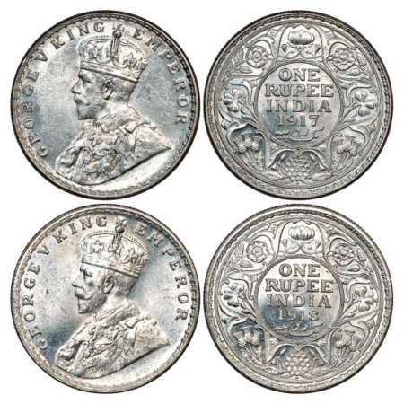 George V, Silver (2), 1917 and 1918, Bombay Mint, PR 223 and PR 224. (2 Coins) Brilliant U