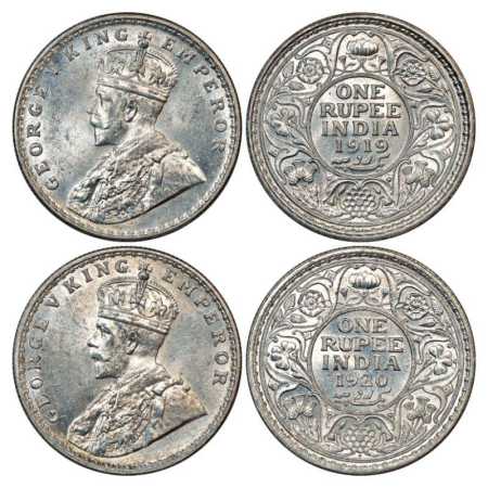 George V, Silver Rupee (2), 1919, Calcutta Mint, PR 215 and 1920, Bombay Mint, PR 226. (2 