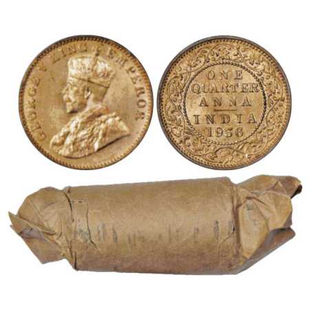 George V, Copper ¼ Anna (32), 1936, Bombay Mint, in a brown paper roll. (32 Coins) Almost 