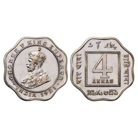George V, Cupro-Nickel Four Annas Proof, 6.78g, 1921, Calcutta Mint, no dot, Obv: Crowned 