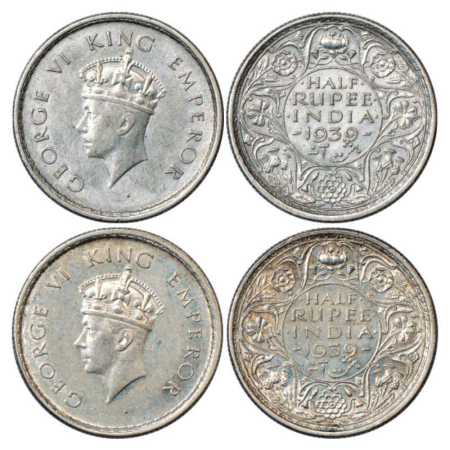 George VI, Silver ½ Rupee (2), 1939, Bombay Mint, head type I, PR 352. (2 Coins) Very Fine