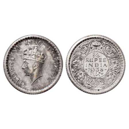 George VI, Silver Quarter Rupee Proof, 2.90g, 19.49 mm, milled edge, 1938, Calcutta Mint, 