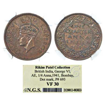George VI, Copper ¼ Annas, 1941, Bombay Mint, head type II, PR 693. Graded as VF 30 by NGS