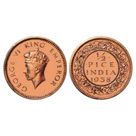 George VI, Bronze Half Pice Proof, 2.43g, 21.00 mm, plain edge, 1938, Calcutta Mint, Obv: 