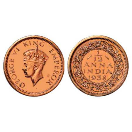 George VI, Bronze Twelfth Anna Proof, 1.61g, 17.38 mm, plain edge, 1938, Calcutta Mint, Ob