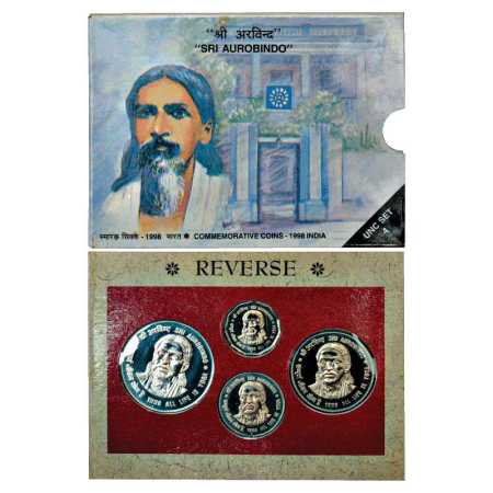 1998, Sri Aurobindo, UNC Set of 4 coins, 100 Rupees, 50 Rupees, 10 Rupees and 2 Rupees, Mu