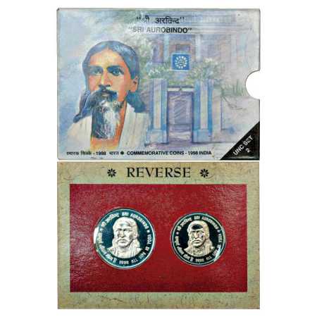 1998, Sri Aurobindo, UNC Set of 2 coins, 100 Rupees and 50 Rupees, Mumbai Mint, RB 210, in