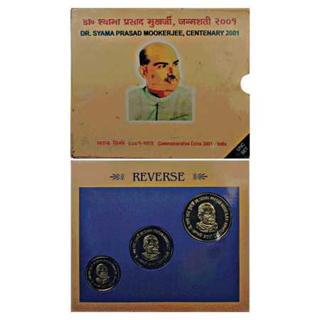 2001, Dr. Syama Prasad Mookerjee Centenary, UNC Set of 3 coins, 100 Rupees, 50 Rupees and 