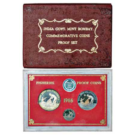1986, Fisheries, Proof set of 3 coins, 100 Rupees, 20 Rupees and 50 Paise, Bombay Mint, RB