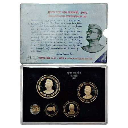 1997, Subhas Chandra Bose, Proof set of 4 coins, 100 Rupees, 50 Rupees, 10 Rupees and 2 Ru