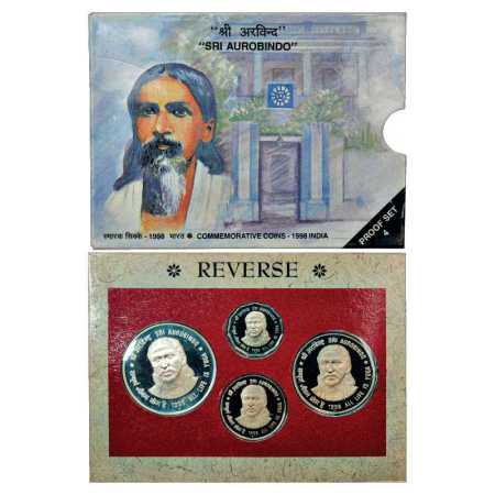 1998, Sri Aurobindo, Proof set of 4 coins, 100 Rupees, 50 Rupees, 10 Rupees and 2 Rupees, 