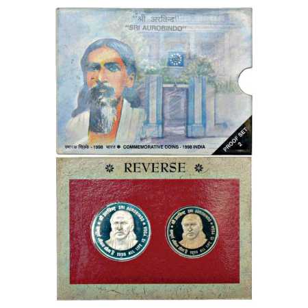 1998, Sri Aurobindo, Proof set of 2 coins, 100 Rupees and 50 Rupees, Mumbai Mint, RB 207, 