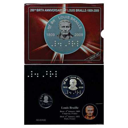 2009, 200th Birth Anniversary of Louis Braille, Proof set of 2 coins, 100 Rupees and 2 Rup