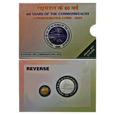 2009, 60 Years of the Commonwealth, Proof set of 2 coins, 100 Rupees and 5 Rupees, Mumbai 