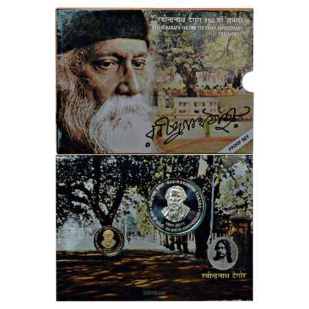 2011, 150th Birth Anniversary of Rabindranath Tagore, Proof set of 2 coins, 150 Rupees and