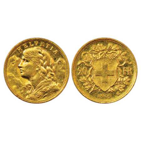 Switzerland, Gold 20 Francs, 6.44g, AD 1902, KM 35.1. About Uncirculated, Scarce.