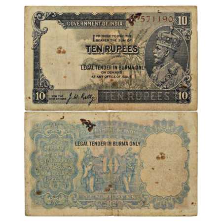 Burma, George V, 10 Rupees, ND (1937), signed by J. W. Kelly, Serial No.: R4(4) 571190, Le