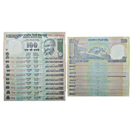 Republic of India, Set of 10 Fancy Number Notes, 100 Rupees, signed by Y. V. Reddy, Gandhi