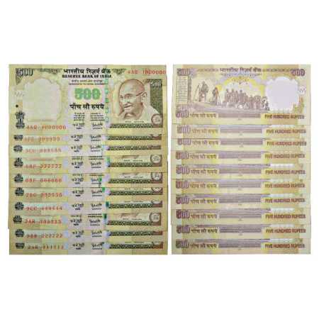 Republic of India, Set of 10 Fancy Number Notes, 500 Rupees, signed by Y. V. Reddy, Gandhi