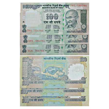 Republic of India, Super Fancy Number Notes (3), 100 Rupees, signed by Y. V. Reddy, Gandhi