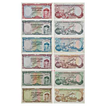 Indo Portuguese Territories, SPECIMEN Note Set of 6, 30 Escudos, 60 Escudos, signed by Fra