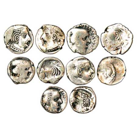 A group of five Western Kshatrapa 'brockage' coins, each having profile bust of king facin