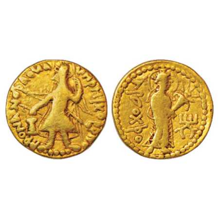 Kushans, Gold Dinar of Kanishka I (c. 127-150 AD), Goebl 77, 7.77g. Obv: Nimbate king, wea