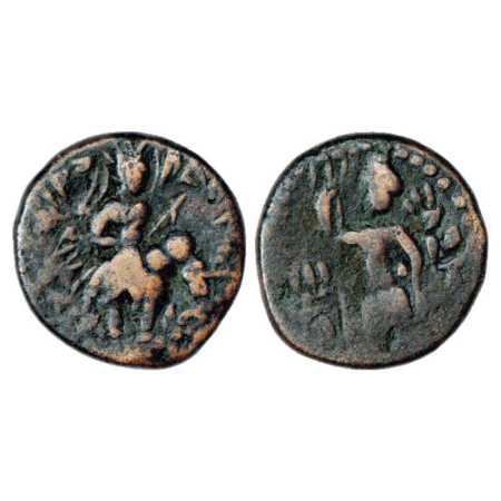 Kushans, Copper Hemidrachm of Huvishka, 'elephant rider' type, rounded letter forms attrib