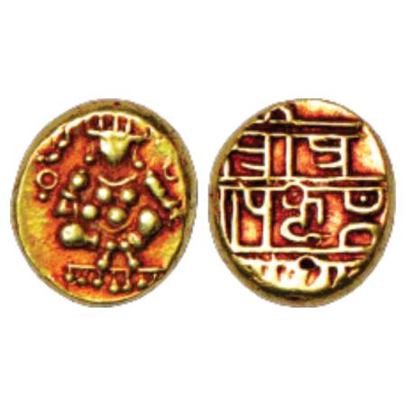 Vijayanagar, Tuluva Dynasty (1509-1530 AD), Gold ½ Varha, 1.68g. Obv: Bal Krishna seated f