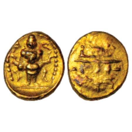 Vijayanagar Kingdom, Venkataraya II or III, Gold ½ Varaha, Girijapati 392-395, 1.71g. Obv: