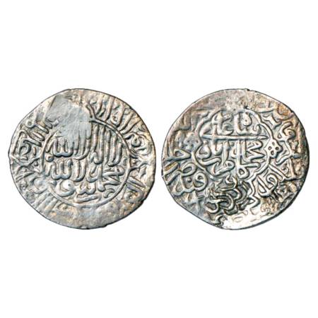 Akbar (1556-1605 AD), Silver Shahrukhi, counterstamped over Kamran Mirza's issue of Qandah