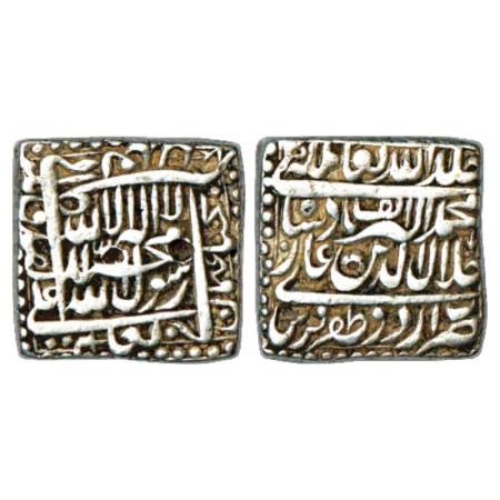 Akbar (1556-1605 AD), Silver Square Rupee, Urdu Zafar Qarin Mint, dated AH Alf (1000), KM 