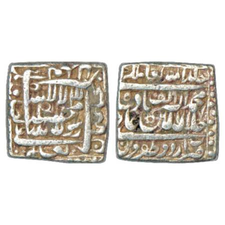 Akbar (1556-1605 AD), Silver Square Rupee, Urdu Zafar Qarin Mint, dated AH Alf (1000), KM 