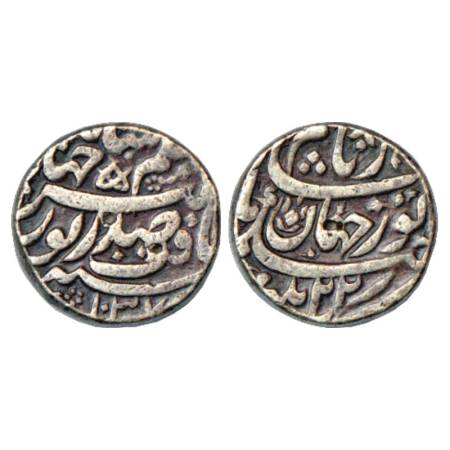 Jahangir with Noor Jahan, Silver Rupee, Patna Mint, AH 1037/RY 22, KM 168.5. Very Fine, Ra