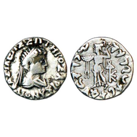 Indo-Greeks, Dionysos (65-55 BC), Silver Drachm, BN series 1, 2.23g. Obv: Profile bust of 