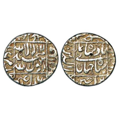 Shah Jahan (1628-1658 AD), Silver Rupee, Ujjain Mint in bottom, KM 235.24. Very Fine, Scar